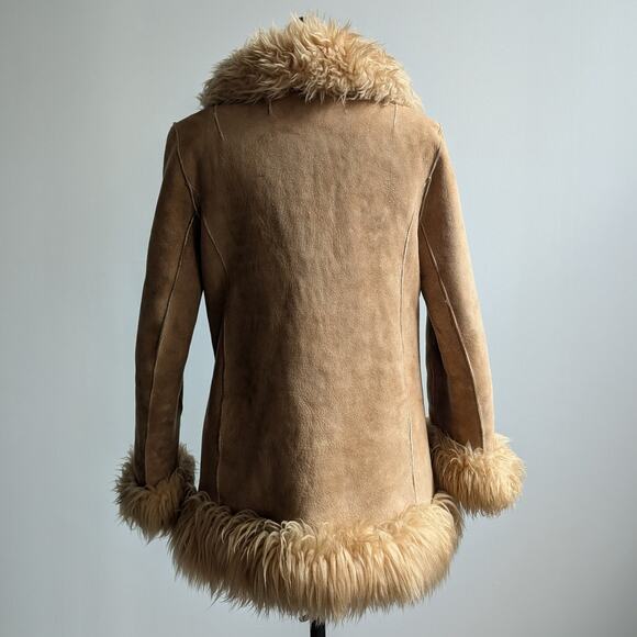70s Vintage Brown Leather Penny Lane Coat Tan Suede Fur Groovy Boho Afghan Coat - Picture 2 of 10